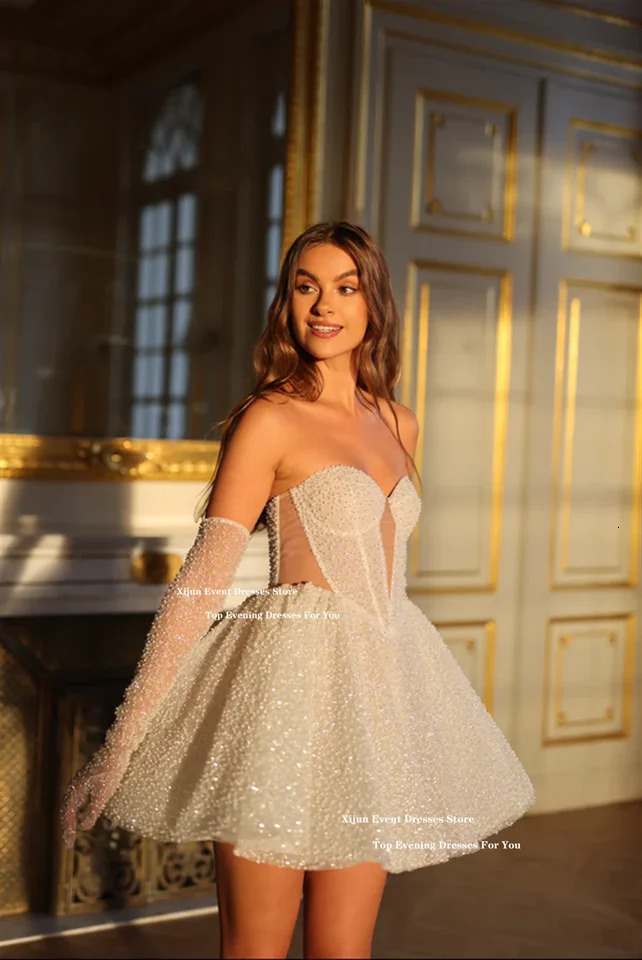 Xijin Glitter Short Wedding Dress Sweetheart Sleeveless A-Line Ball Dress Formal Event Cocktail Party Dress Customization 250103
