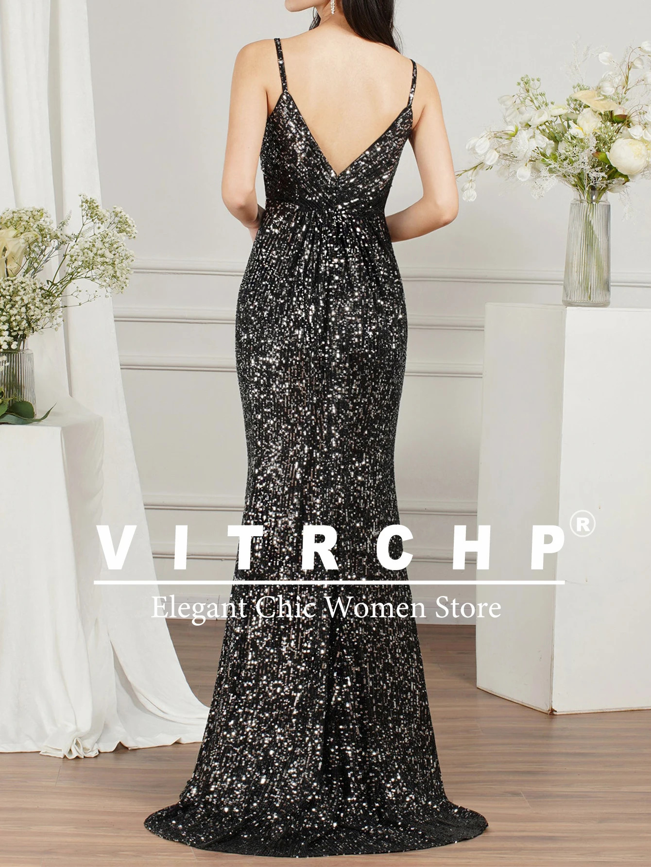Sparkling mermaid long ball dress spaghetti strap high waisted seam formal evening dress sexy floor length formal occasion dress 250103