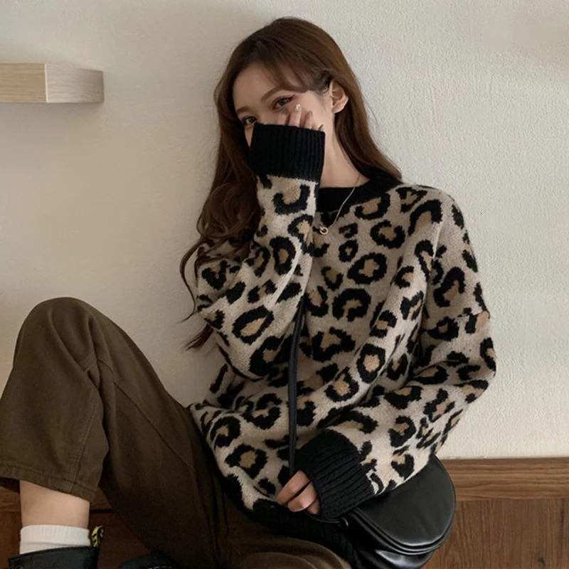 Biyaby Leopard Knitted Sweaters Woman Vintage Lazy Style Loose Jumper Blouse Women Autumn Winter ONeck Bottoming Pullovers 250103