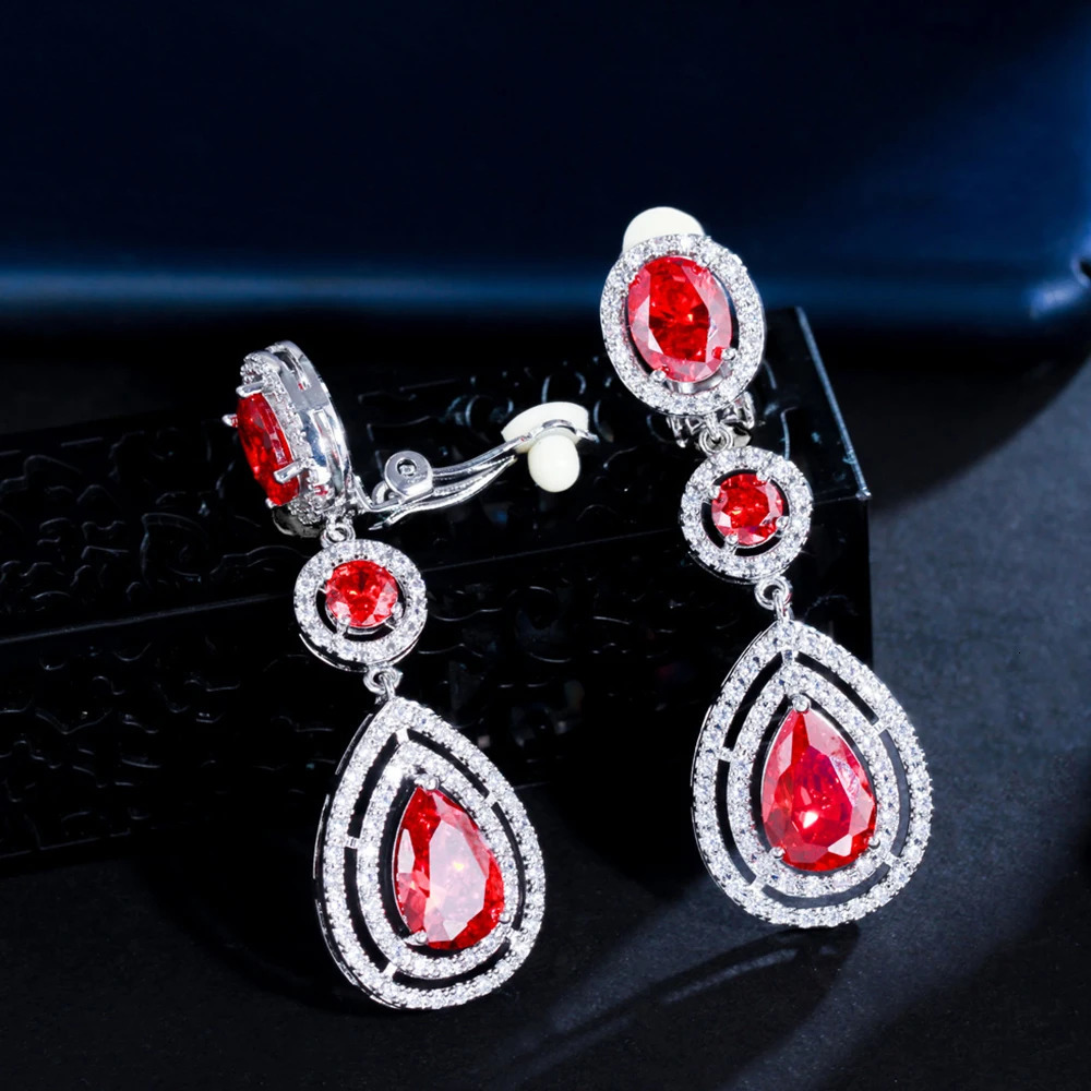 BeaQueen Dark Blue Cubic Zirconia Long Water Drop Statement Clip On Earrings without Piercing for Women Ear Clips Jewelry E286 250103