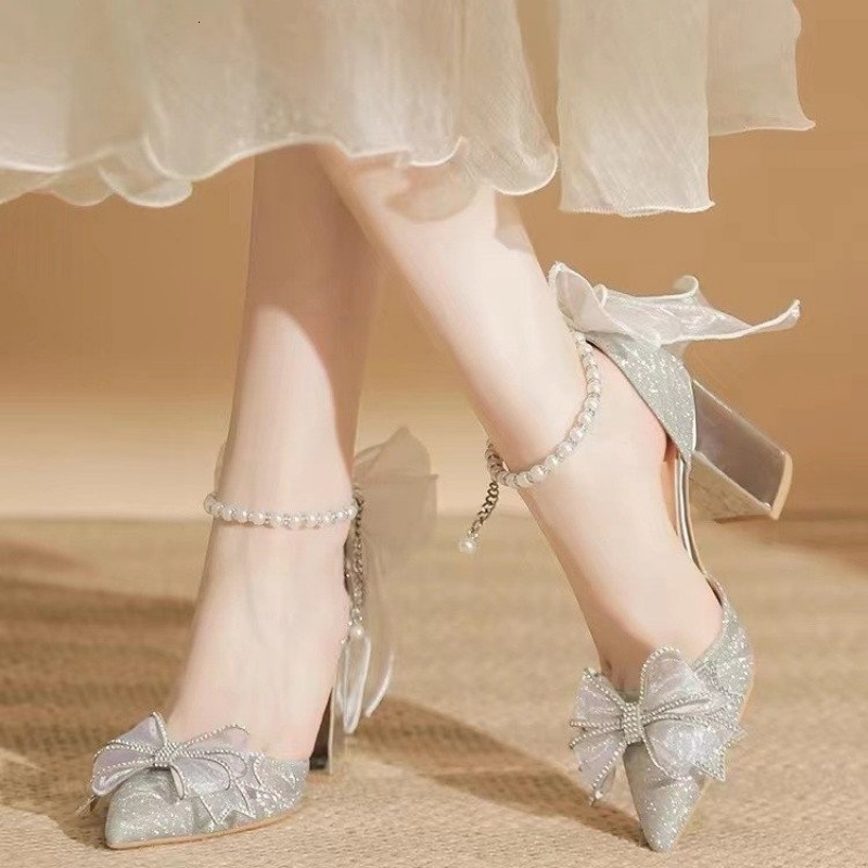 Spring Autumn Pointed Party Women's Wedding Bridal Bow Chunky Heel Sier Sequins Fairytale Lolita Style Single Shoes