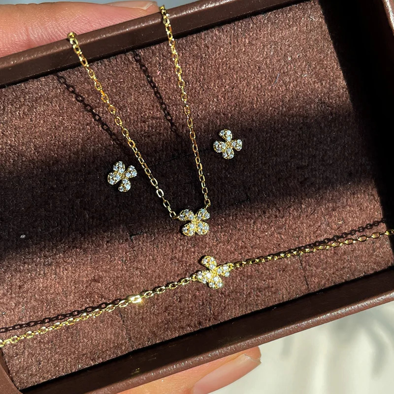 CCFJOYAS 100% 925 Sterling Silver Mini Flower Pendant Necklace Bracelet Earrings Set for Women 18k Gold Plated Fine Jewelry Set 250102