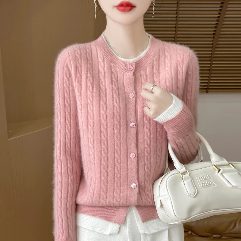 Autumn and winter 100% merino wool womens round neck color matching fake two cardigan loose twist cashmere sweater knit top 250103