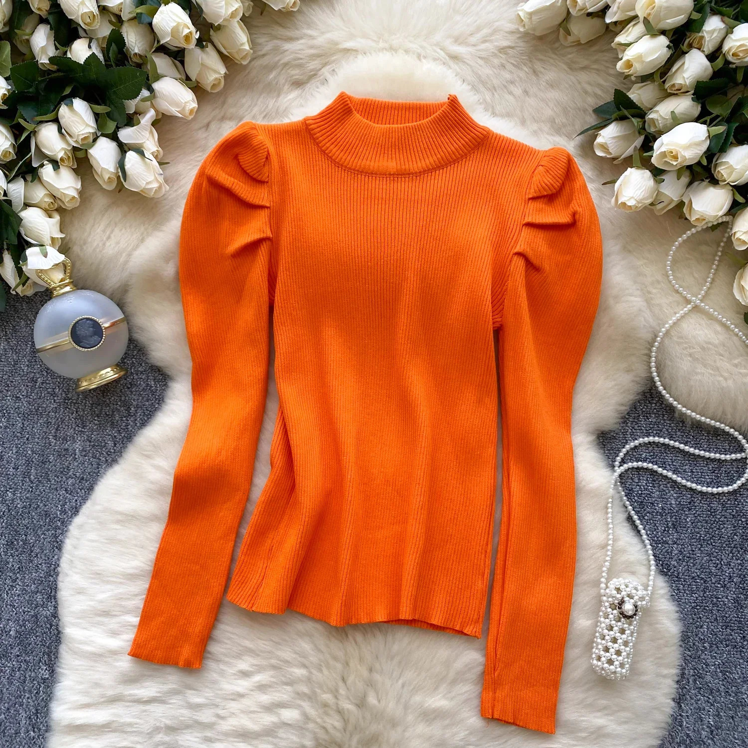 2025 Autumn Winter Women Simplicity Half High Collar Long Sleeve Sweaters Folds Shoulder Solid Multi Color Pullovers Tops 241227