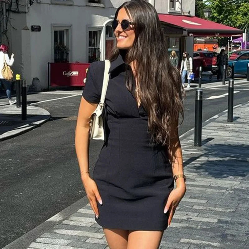 Talenza Summer Polo Neck Short Sleeve Mini Dress Womens Sexy Slim High Waist Party Streetwear Patchwork Solid Color 250103