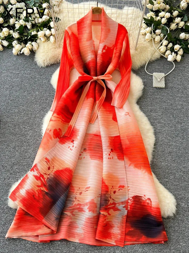 XFPV elegant style long sleeved lapel waist pleated belt printed womens Vestidos Y2k Korean fashion autumn 2025 250103