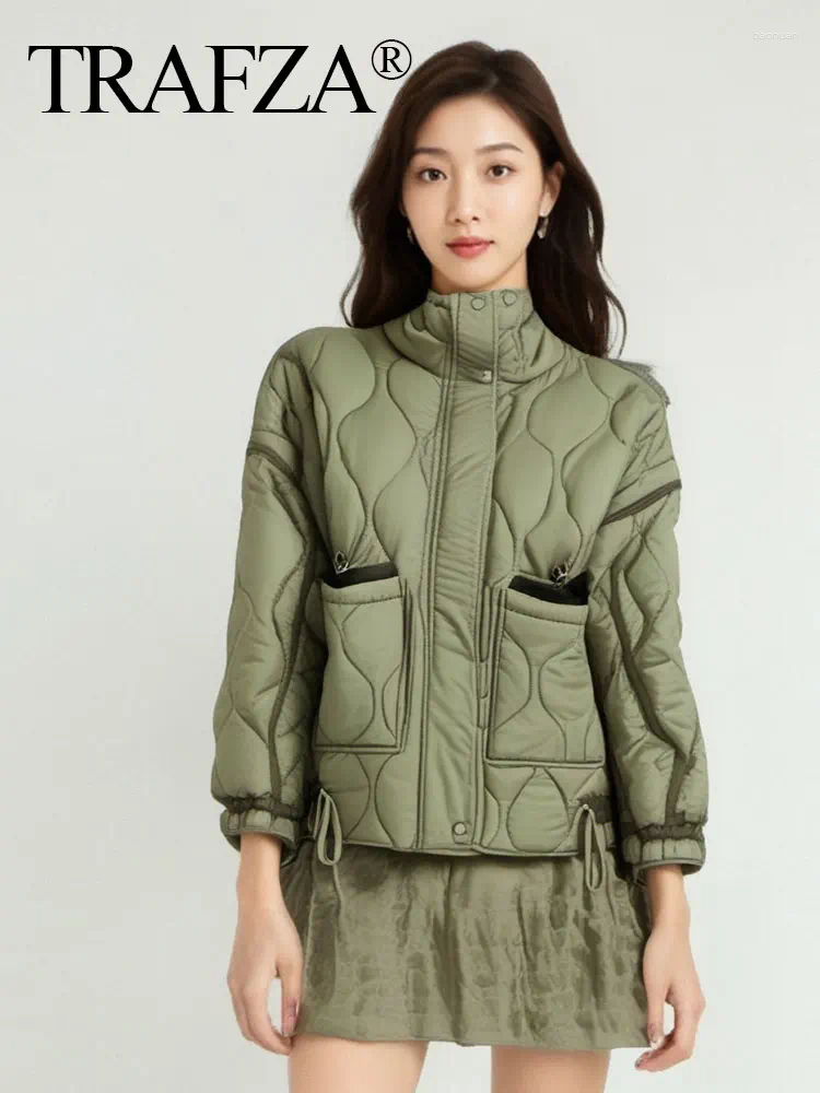 Women's Jackets TRAFZA Women Vintage Solid Quilted Coat Stand Collar Long Sleeve Zipper Jacket Casual Drawstring Pocket Design Winter