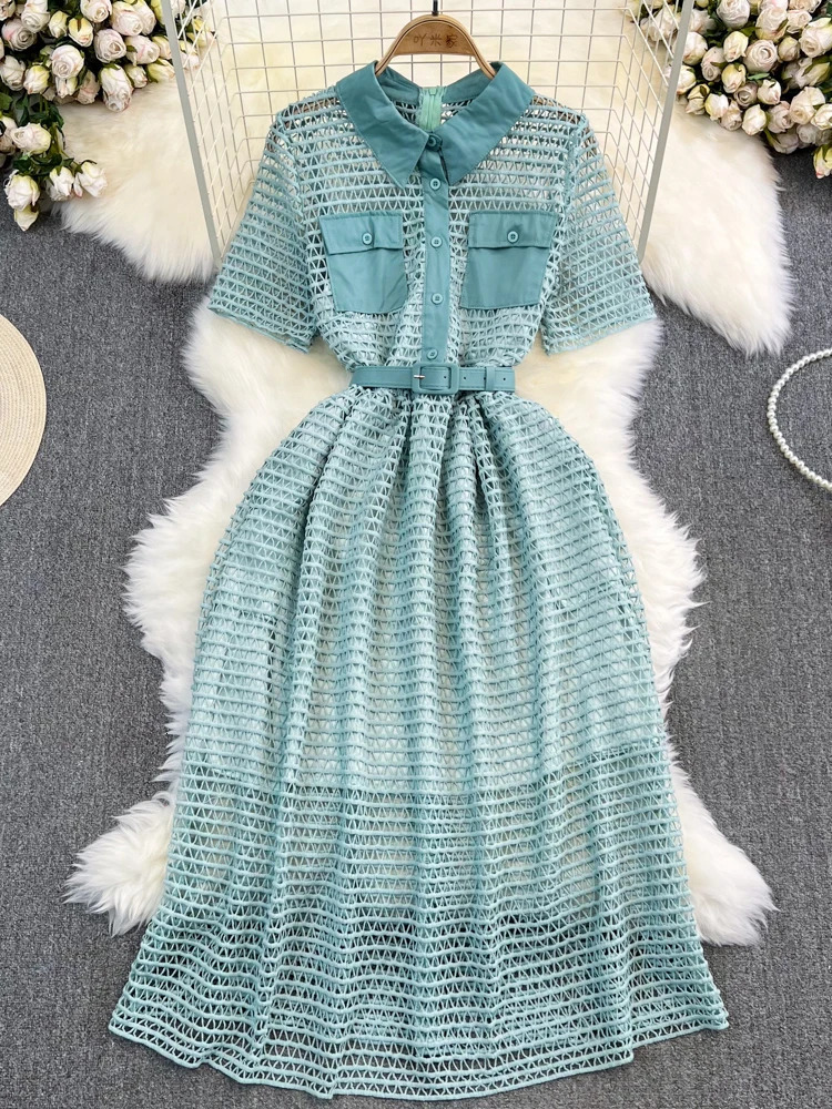 XFPV Elegant Pockets Lapel Collar Slim Pockets Dress Women Leisure Perspective Belt Vestido 2025 Summer Fashion SM6666 250103