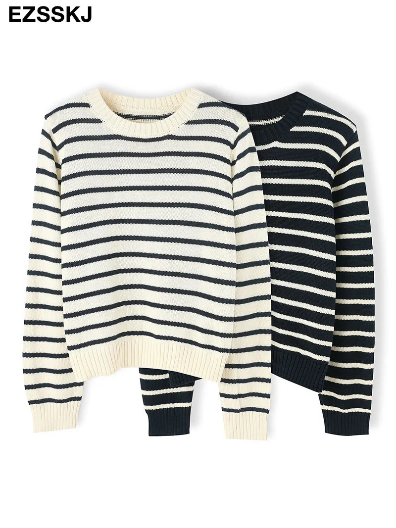oneck Black white stripe Loose Long sleeve sweaters womens sweater female cotton chic loose jumper pull 250103