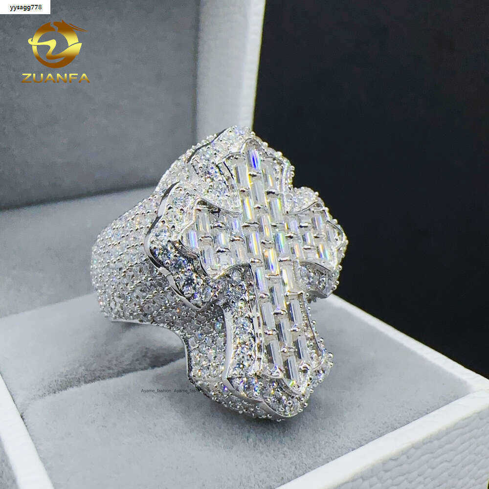 ZUANFA Jewelry Moissanite hip hop ring 925 sterling silver Cross Ring baguette VVS Moissanite men diamond ring