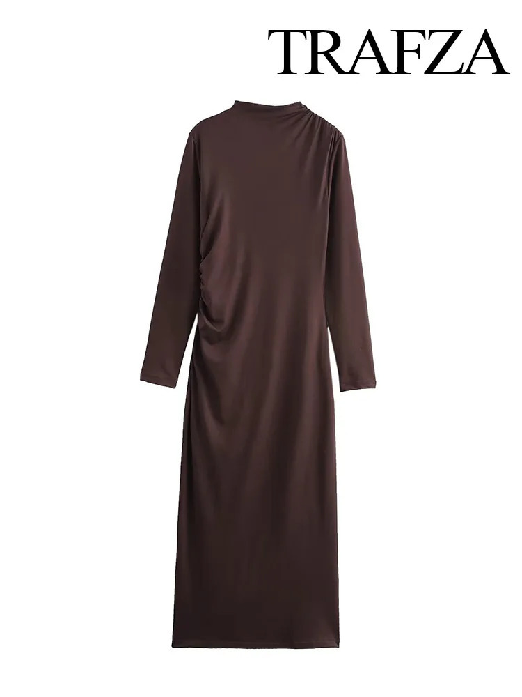 TRAFZA Woman Autumn High Street ONeck Long Dresses Sleeve Pleated Decoration Female Solid Back Zipper Mini Dress Trendy 250103