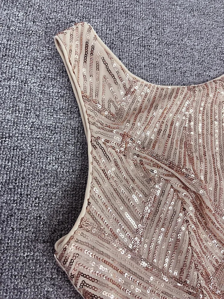 womens round neck gorgeous rose gold formal party dress sequined long mermaid dress evening dress Vestido Coctel Vestido 250103