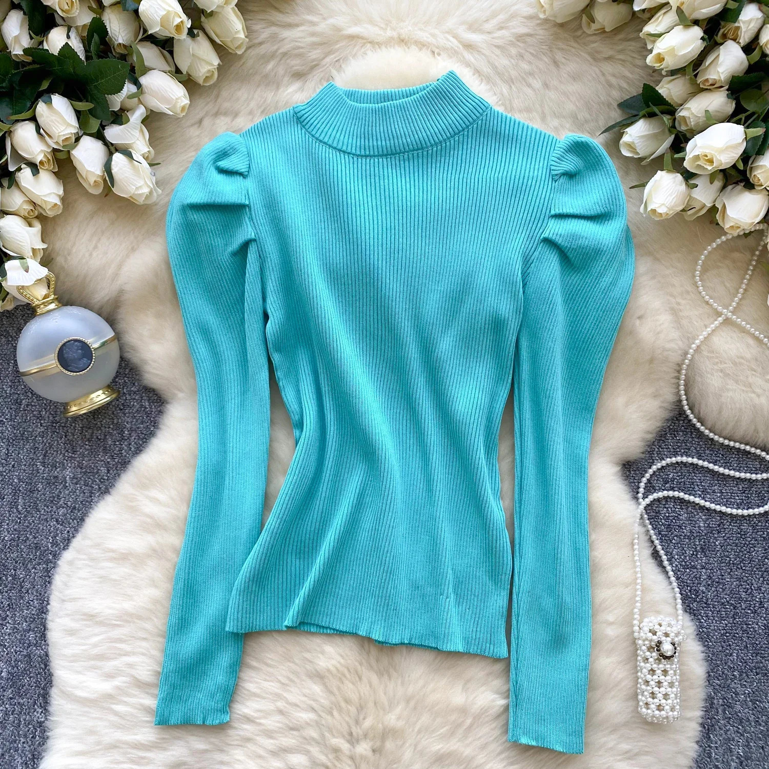 2025 Autumn Winter Women Simplicity Half High Collar Long Sleeve Sweaters Folds Shoulder Solid Multi Color Pullovers Tops 241227