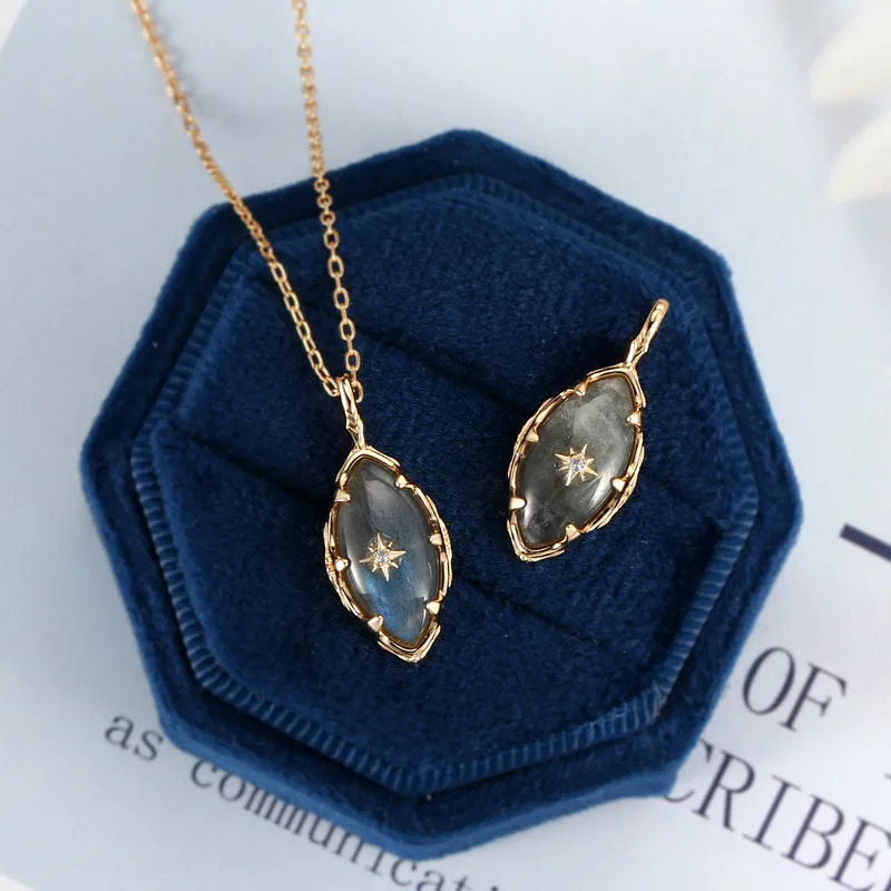LAMOON Retro Style Bijou Pendant Necklace For Women Natural Dark Grey Labradorite 925 Sterling Silver Gold Vermeil Fine Jewelry 250106