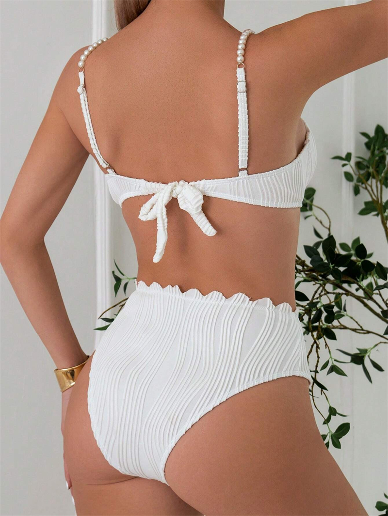 Stylish Shell Bikini Women Two Piece Swimsuit Solid Colors Pearl Straps Bikinis Set Scallop High Waist Swimwear with Underwire Lady Bathing Suit Brazi
