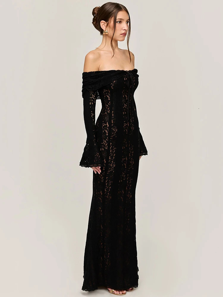 Mozision Lace Offshoulder Sexy Maxi Dress Women Strapless Backless Long Sleeve Bodycon Evening Club Party Elegant 250103