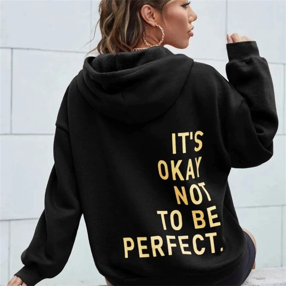 Women's Multicolored Letter Printed Versatile Casual Long Sleeved Pullover Loose Hooded Sweatshirt