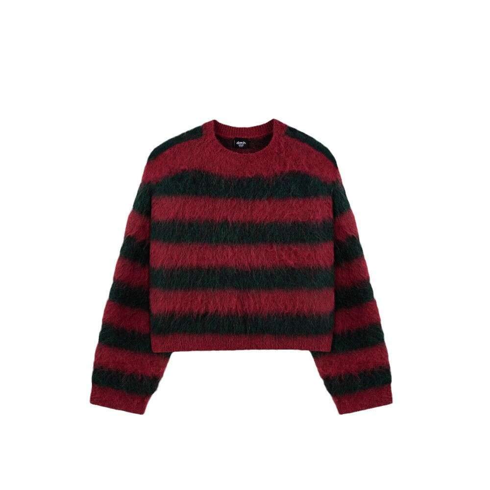 Knitted Striped Jacquard Pattern Round Neck Long Sleeve High Street Loose Sweater Dark Style