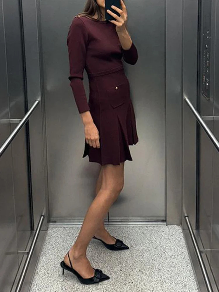 Elegant Solid Knit Dresses Women O Neck Full Sleeve A Line Pleated Button Dress Spring Fashion Casual Lady Vestidos 250103