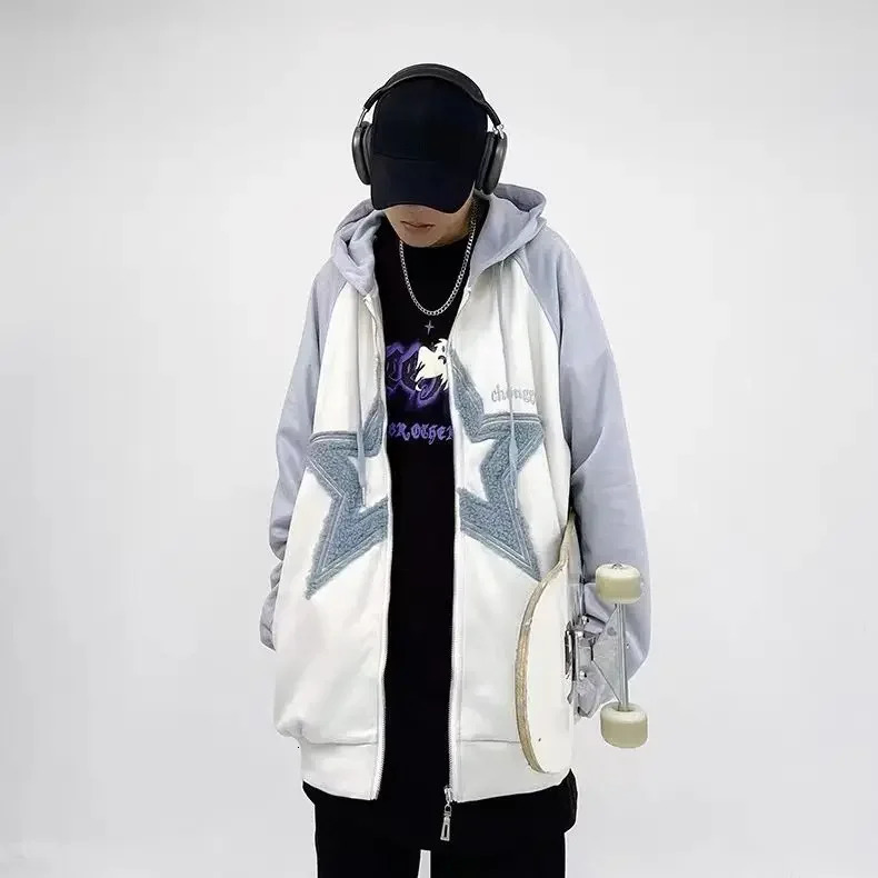 Embroidered Flocking Hoodies Women Clothing High Street Vintage Hip Hop Stitching Zip Up Hoodie Woman Loose Casual Clothes Tops 250106