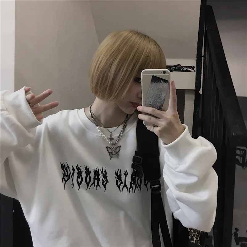 Women Loose Tracksuit Casual Printing Sweatshirt High Quality Versatile Pullover Trend Black White Street Tops Clothing 250106