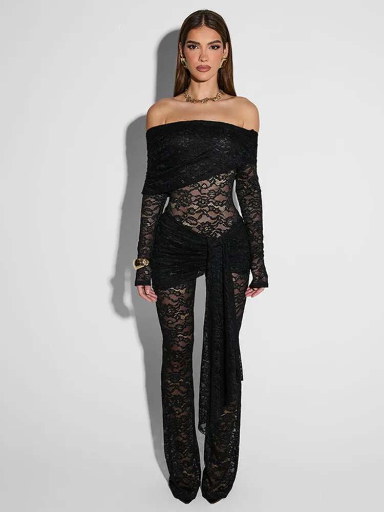Mozision See Through Long Sleeve Sexy Jumpsuit Women Fashion Lace Off-Shoulder Bodycon High Waist Club Party Jumpsuits
