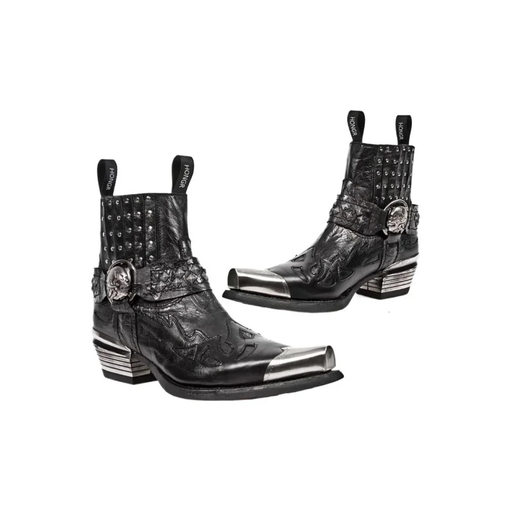 Retro Rivet Metal Decoration Western Cowboy Boots Square Toe Chunky Heel Print Pull On Heavy Work Shoes Punk Chelsea Ankle Boot 250106