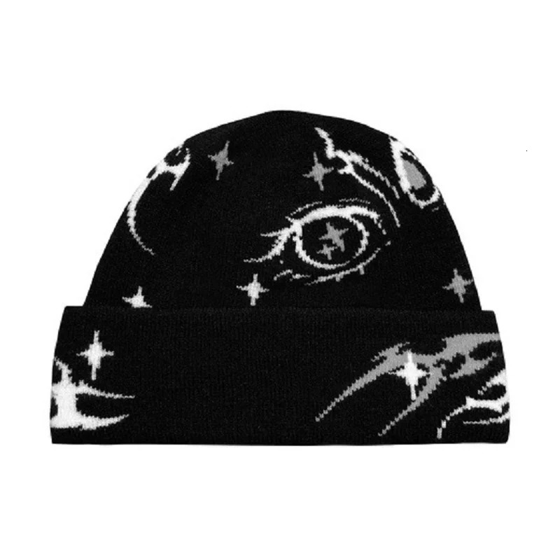 Y2K Gothic Pattern Wool Acrylic Knitted Hat Women Beanie Jacquard Windproof Warm Hat Mens Hip Hop Grunge Casual Outdoor 250106
