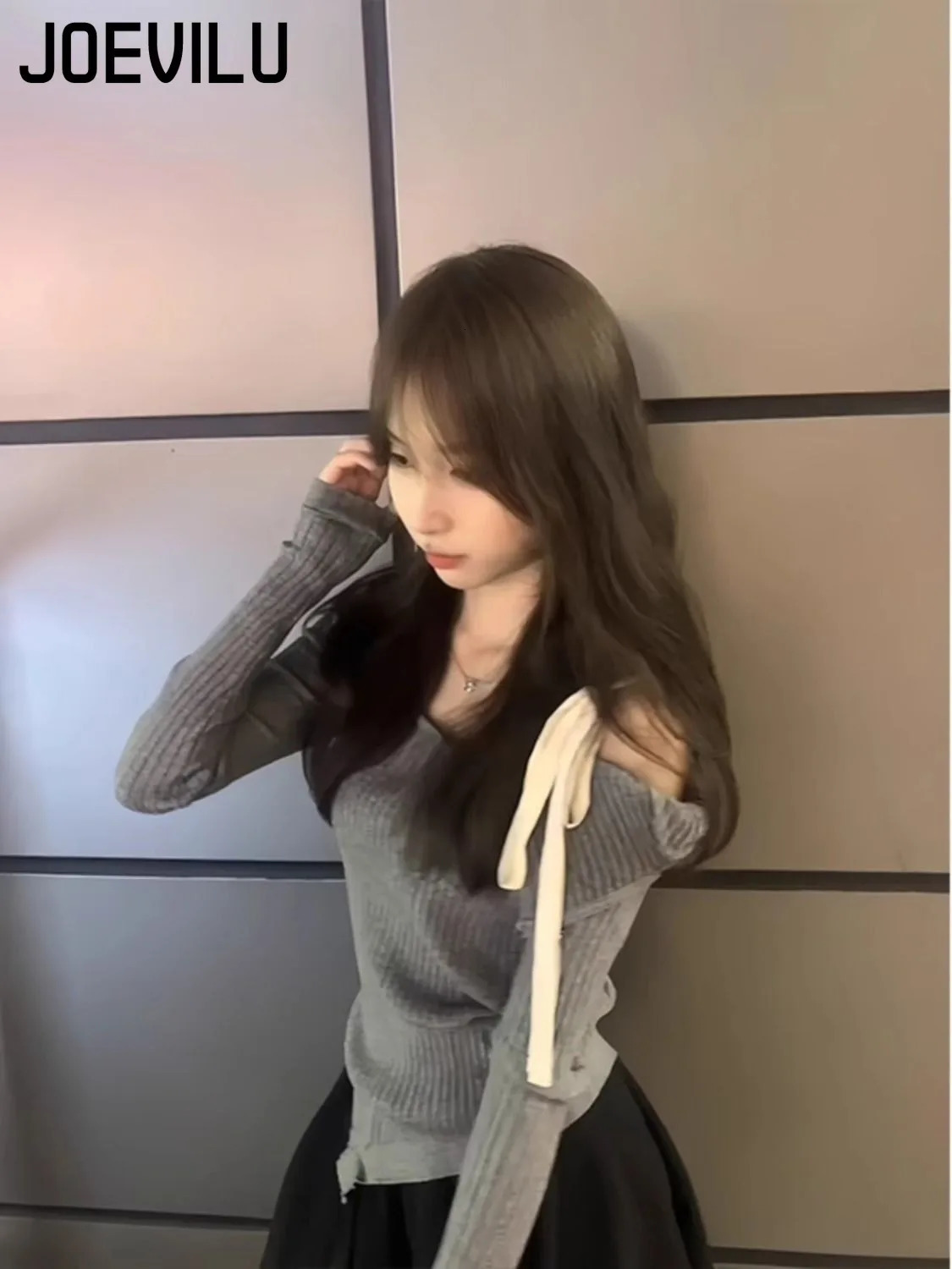 Off Shoulder Strap Pullover Sweater Long Sleeved Knitted Tops Female Slim Fit Lining Babes Korean Fashion Jumper Y2k Clothes 250103