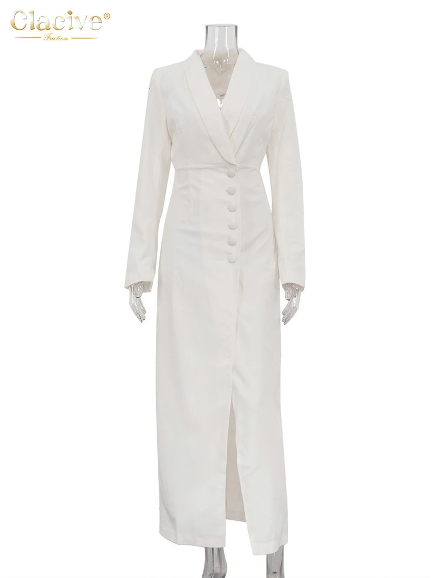 Clacive Fashion Slim White Dress Bodycon Lapel Long Sleeve Ankle Length Dress Party Elegant Classic Slit Dresses For Women 250103