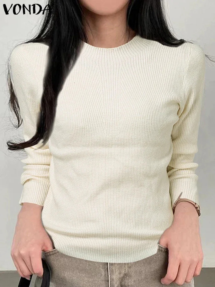 VONDA Women Autumn Tops Solid Color Basic Daily Long Sleeve Casual Loose Warm Knitted Pullover Office Sweater Streetwear 250103