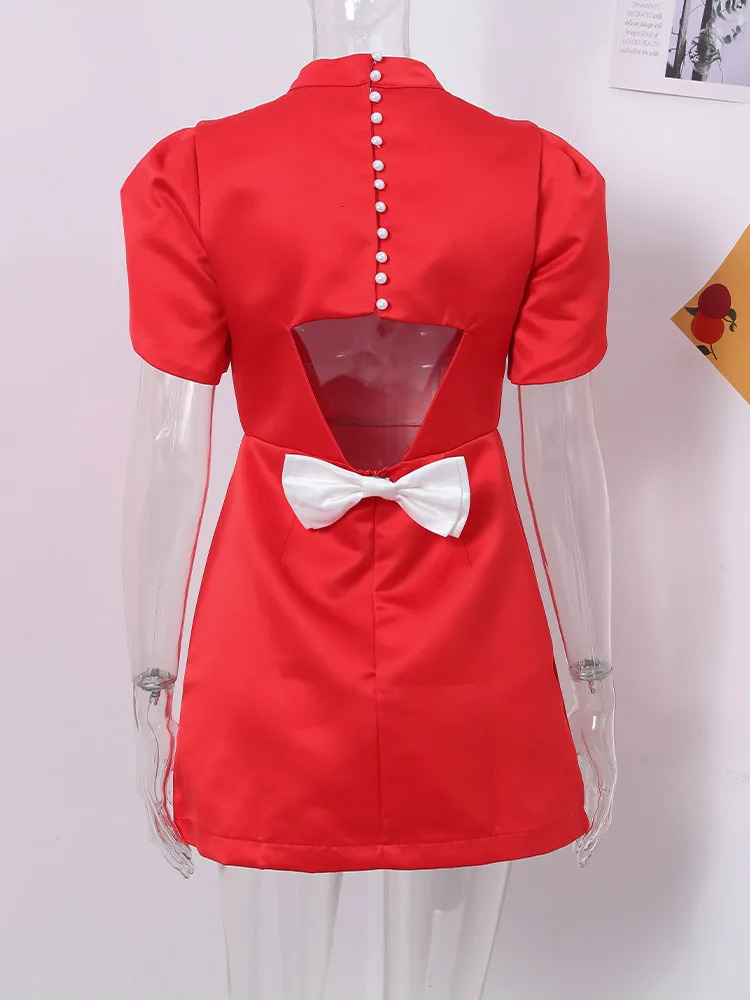 Elegant bow Halloween mini dress womens red O-neck short sleeved high waisted A-line dress womens 2025 fashion party evening dress 250103