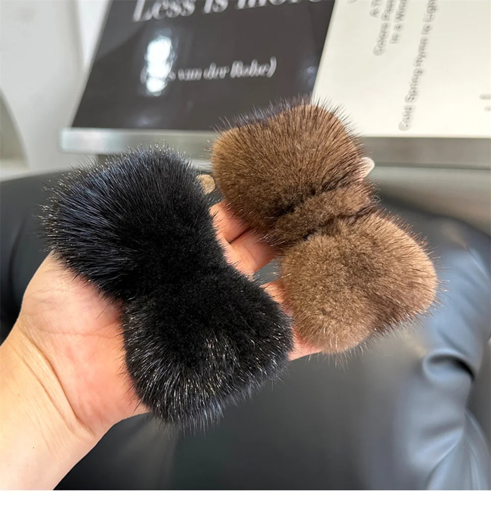 Real Mink Fur Hair Larg Bowknot Hairpin Side Clip Net Red Cute Olush Fur Headdress Shiny Hair Scratch Accessories Gifts 250106