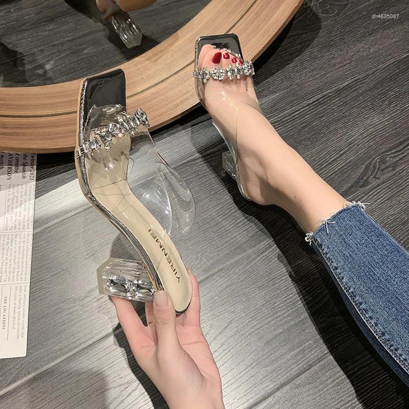 Sandals 2025 Summer Slippers Women's Thick Heel Square Toe Rhie Transparent Decoration Fashion High zhanyishengli