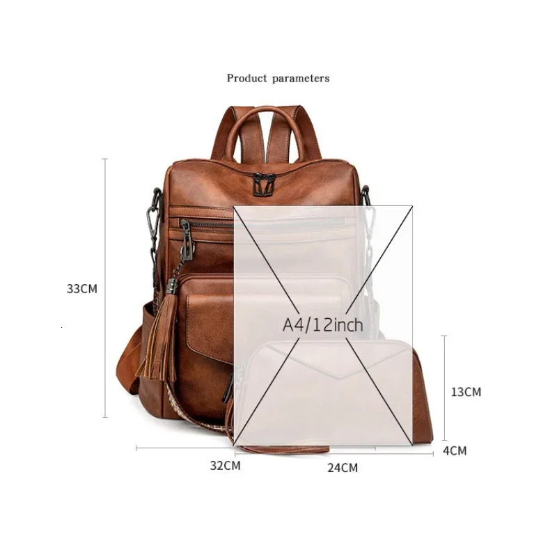 Backpack for Women Large Womens Backpack Leather Travel Fashion Purse Ladies Shoulder Bags with Tassel Two-toned Brown 250102