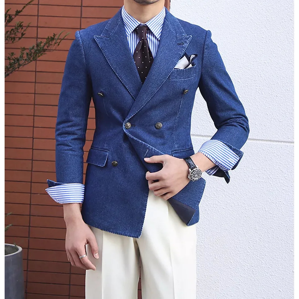 Elegant Denim Mens Jackets 1 Piece Double Breasted Lapel Mens Clothing Blazer Fashion Casual Daily Office Basic Coat 250103