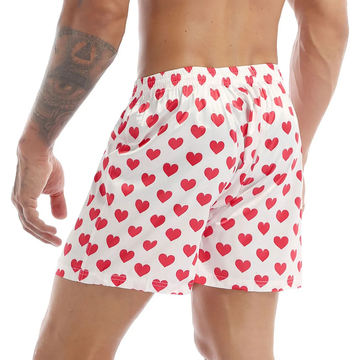 Mens Boxers Shorts Silk Sleepwear Underwear Heart Print Bottoms Lounge Beach Lightweight Loose Sports Pants 250103