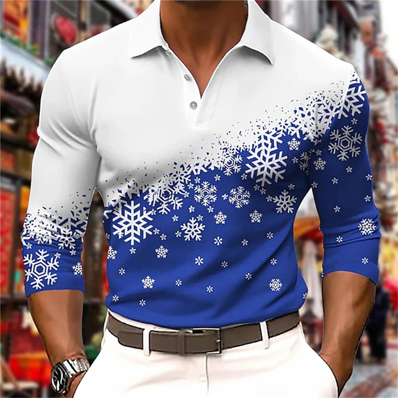 Mens Polo Shirt Golf Shirt 3D Printed Snowflake Graphic Top Christmas Street Long Sleeve Button Mens Polo Clothing 250103