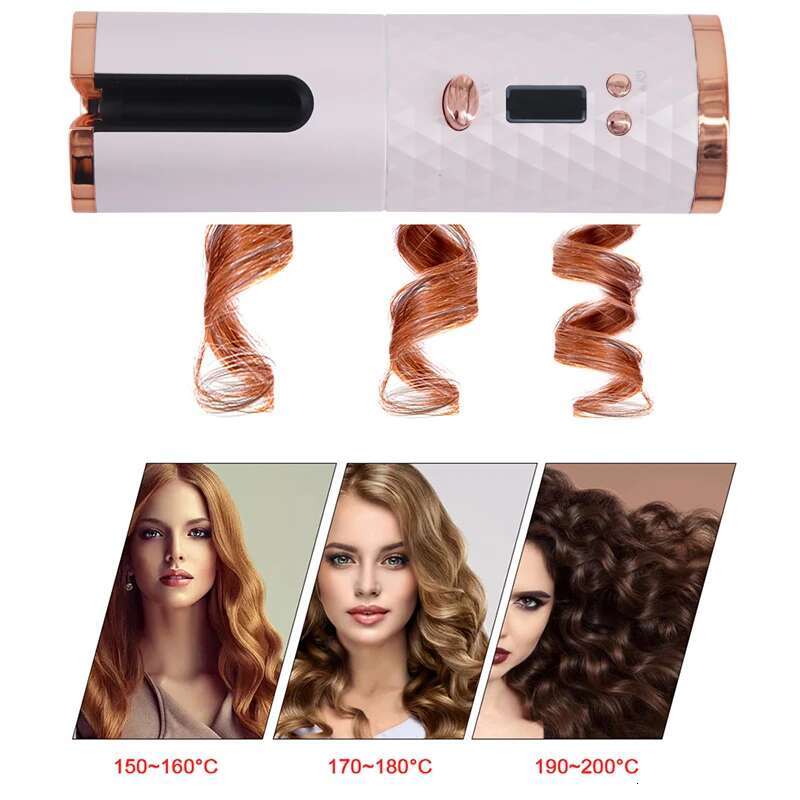 Cordless Auto Rotating Ceramic Hair USB Rechargeable Automatic Curg Iron LED Display Temperature Wave Curler Styler