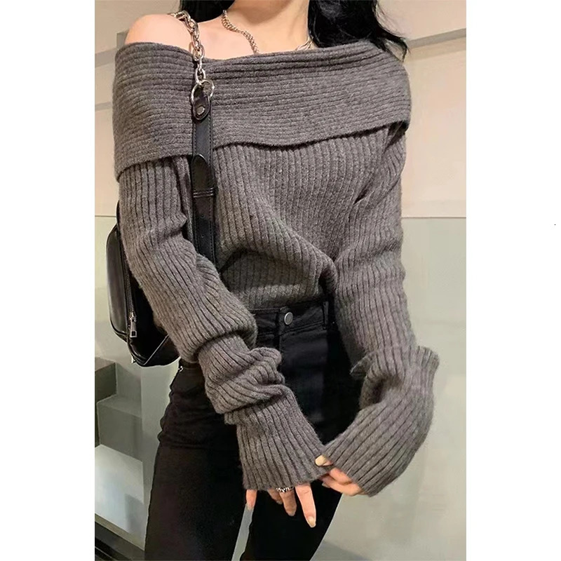 MEXZT Elegant Slash Neck Sweater Women Sexy Off Shoulder Black Knitted Pullovers Korean Aesthetic Knitwear Long Sleeve Jumpers 250103