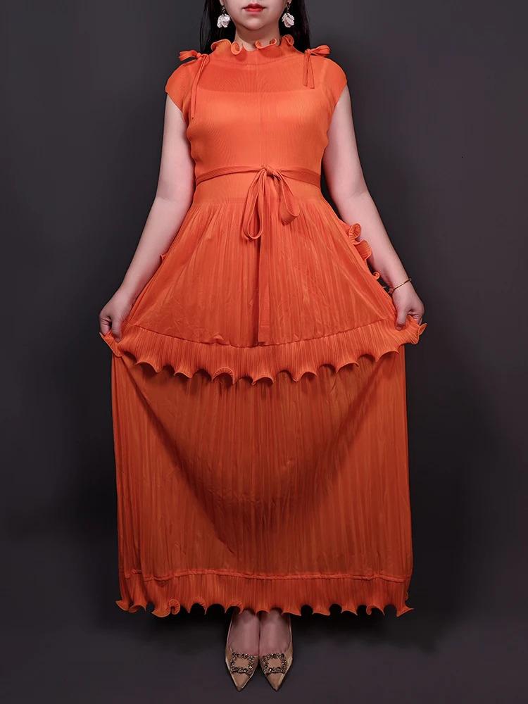 Lanmrem fashion pleated womens multi colored pleated edge splicing belt gathered waist dress elegant 2025 32C2089 250103