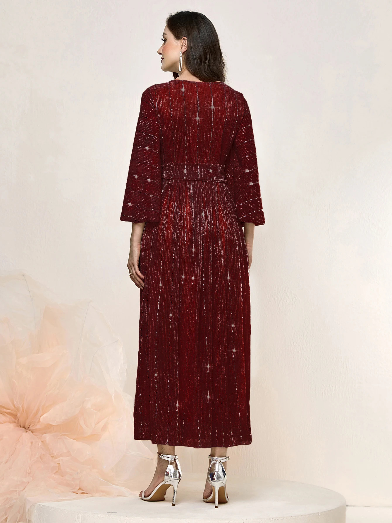 Ladies Round Neck Lotus Leaf Seven Quarter Sleeve Waist Cinched Pleated Sequin Belt Dress Middle Eastern Style 250103