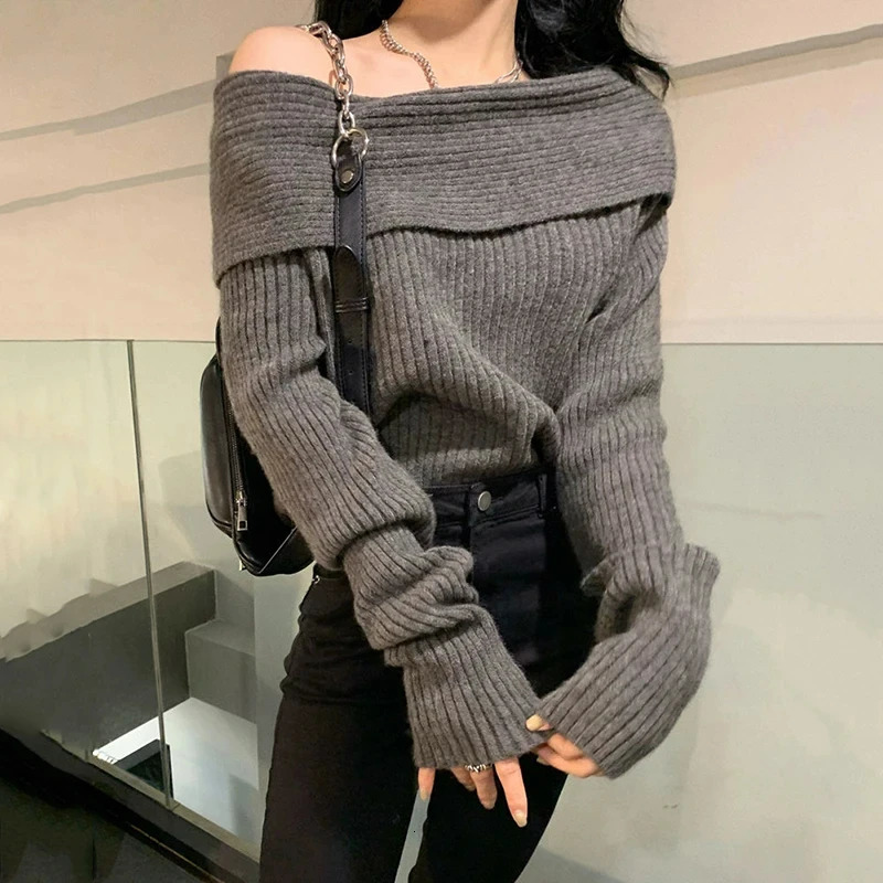 Apricot Slant Neck Knitted Sweater Women Sexy Off Shoulder Long Sleeve Pullover Fashion Elegant Thicken Slim Fit Jumpers Top 250103