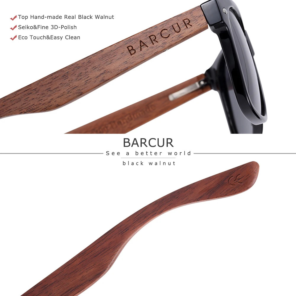 BARCUR Black Walnut Sunglasses Wood Polarized Sunglasses Men Glasses Men UV400 Protection Eyewear Wooden Original Box 250106