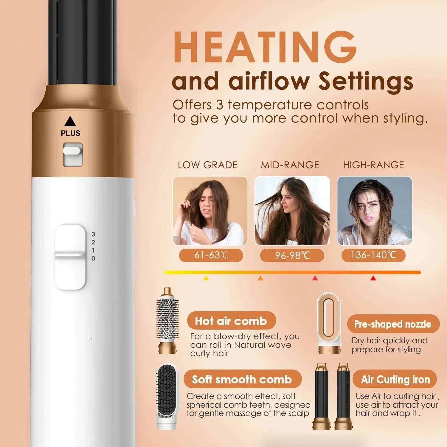 Professional 5 in 1 Hair Styler High Speed Hot Air Brush Powerful Blow Dryer Multifunctional Constant Negative Ions