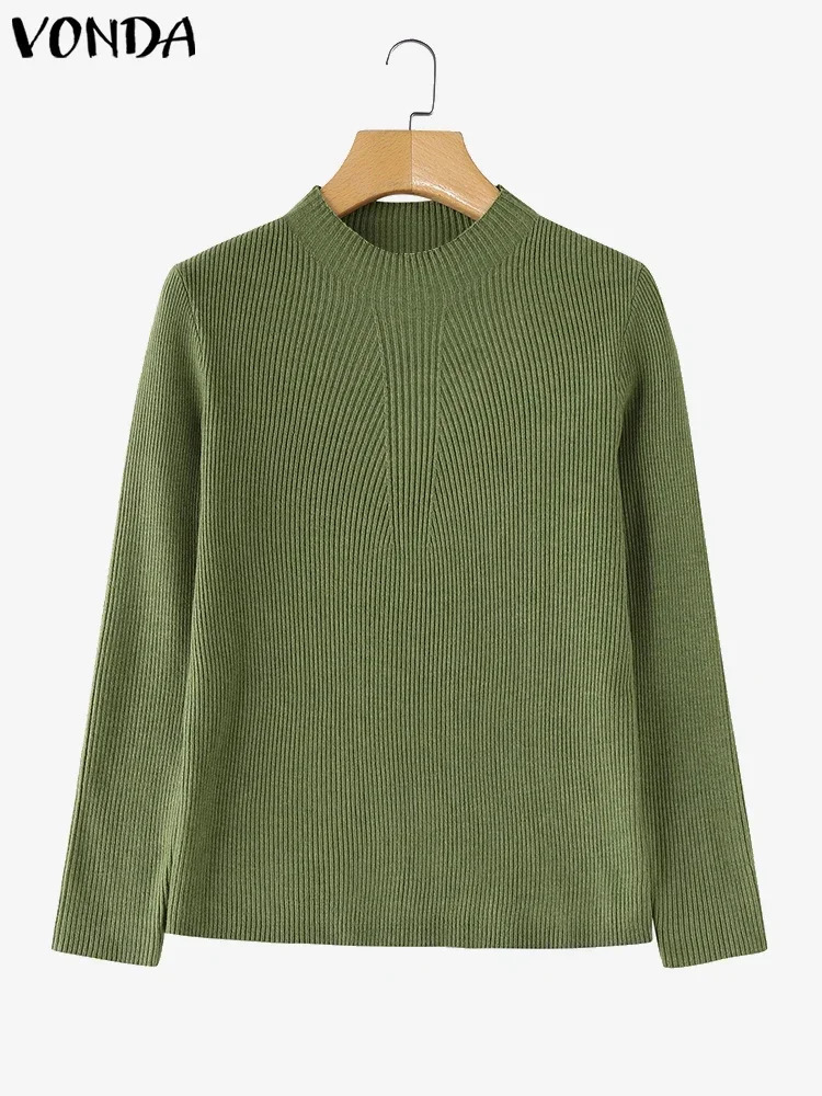 VONDA Women Autumn Tops Solid Color Basic Daily Long Sleeve Casual Loose Warm Knitted Pullover Office Sweater Streetwear 250103