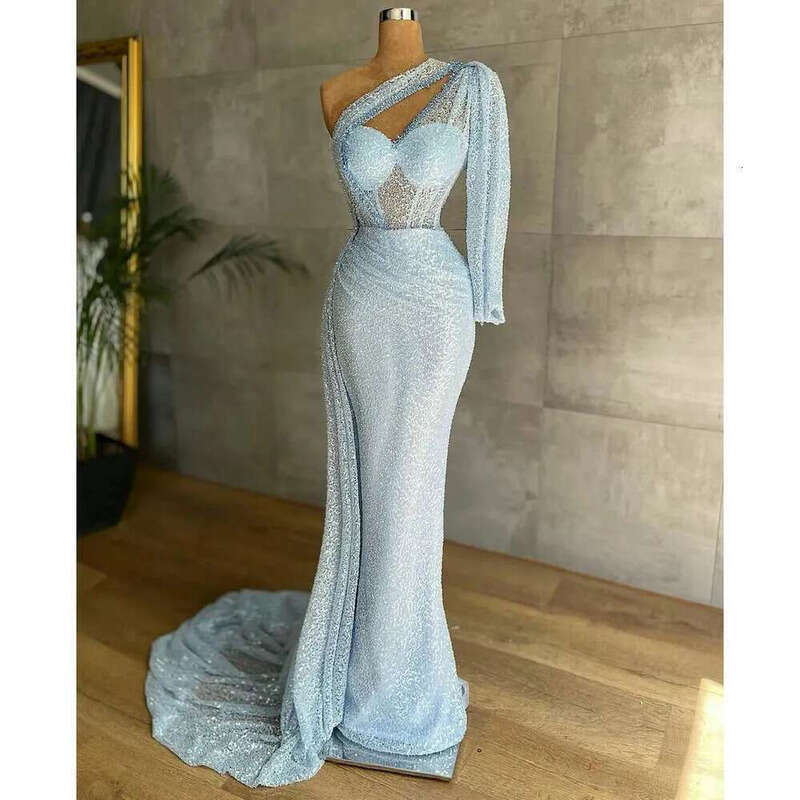 Evening With Custom Sexy Dresses Mermaid One Shouder Made Sequin Fabric Or Length Formal Party Prom Dress For Arabic Women Vestidos De Novia