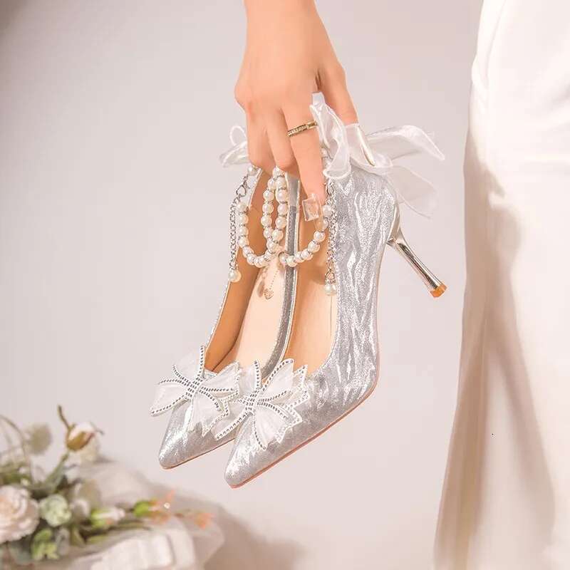 Spring Autumn Pointed Party Women's Wedding Bridal Bow Chunky Heel Sier Sequins Fairytale Lolita Style Single Shoes