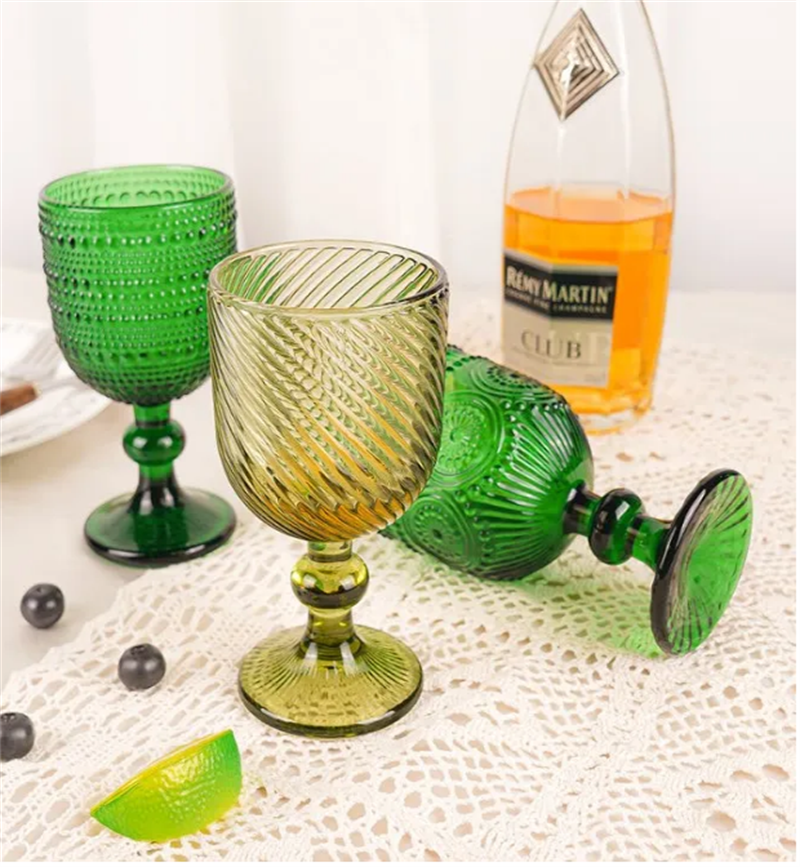 Factory Wholesale Embossed Colored Glass Wine glasses European Juice Glasses Wine Goblets Wedding Decoration Cups 240ml