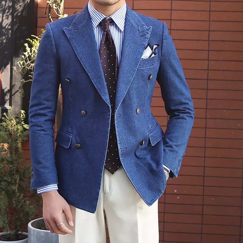 Elegant Denim Mens Jackets 1 Piece Double Breasted Lapel Mens Clothing Blazer Fashion Casual Daily Office Basic Coat 250103